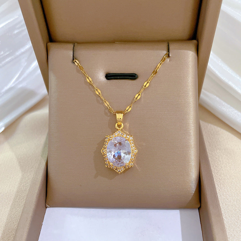 Collana Pendente Geometrica Minimalista a Rombo da Donna in Acciaio al Titanio con Intarsio di Strass e Finitura Placcata