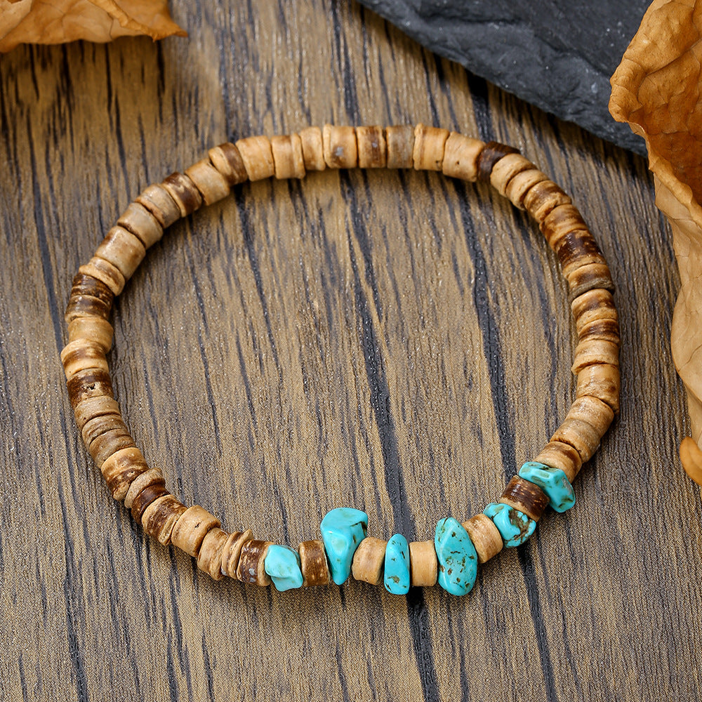 Bohemian Geometric Wood Turquoise Chip Beaded Bracelet Charm Bar Unisex