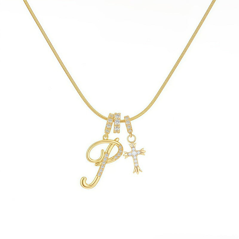 Sweet 22K Gold Plated Letter Titanium Steel Pendant Brass Cable Chain Necklace Unisex