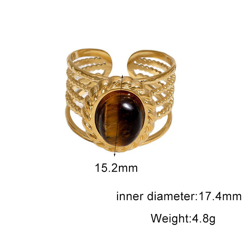 Vintage 18K Gold Plated Titanium Steel Open Ring with Tiger's Eye Inlay Round Oval Crown Design