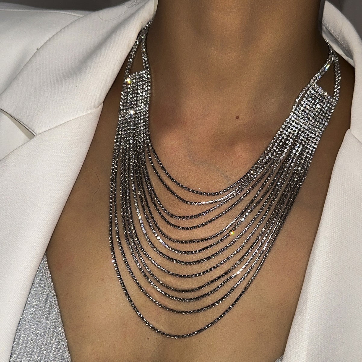 Minimalist Luxury Geometric Rhinestone Plated Alloy Multi-layer Tassel Necklace for Women