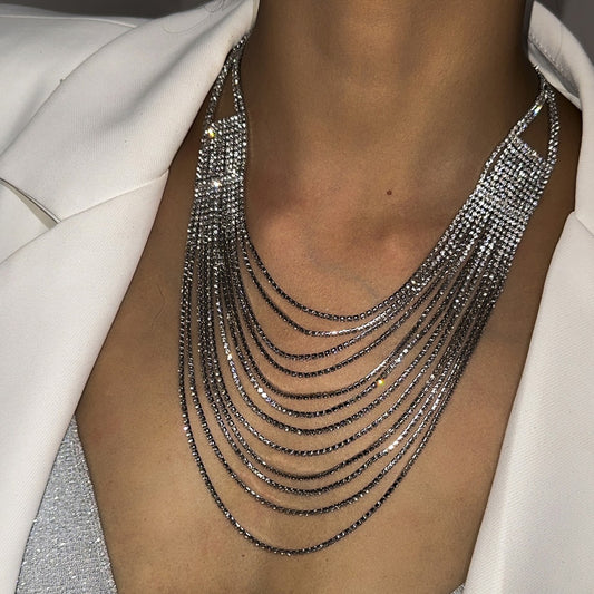 Collar de Borlas Multicapa de Aleación Chapada con Diamantes de Imitación Geométricos de Lujo Minimalista para Mujer