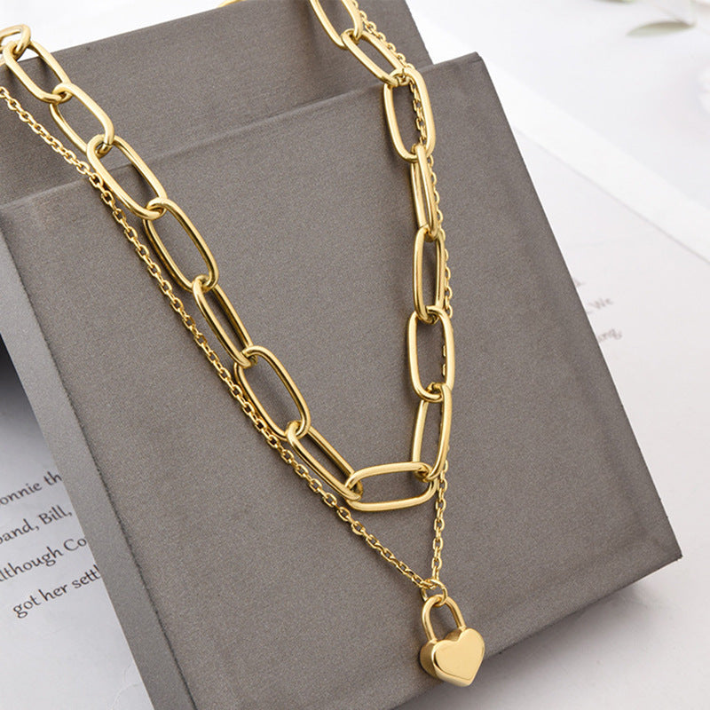 Minimalist Double Layer Heart-Shaped Titanium Steel Pendant Necklace with Plated Finish