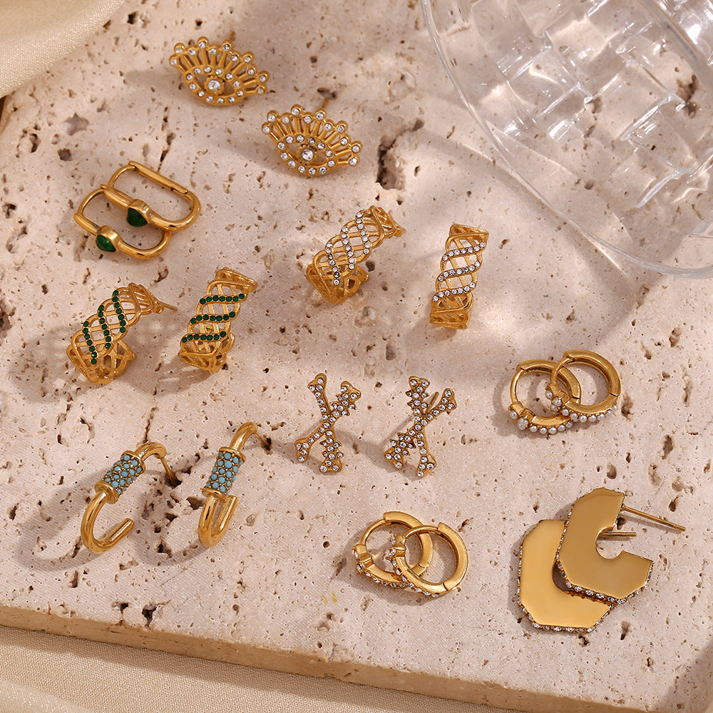 Orecchini geometrici in acciaio inossidabile alla moda con placcatura in oro 18 carati, design cavo a C micro-pavé da donna