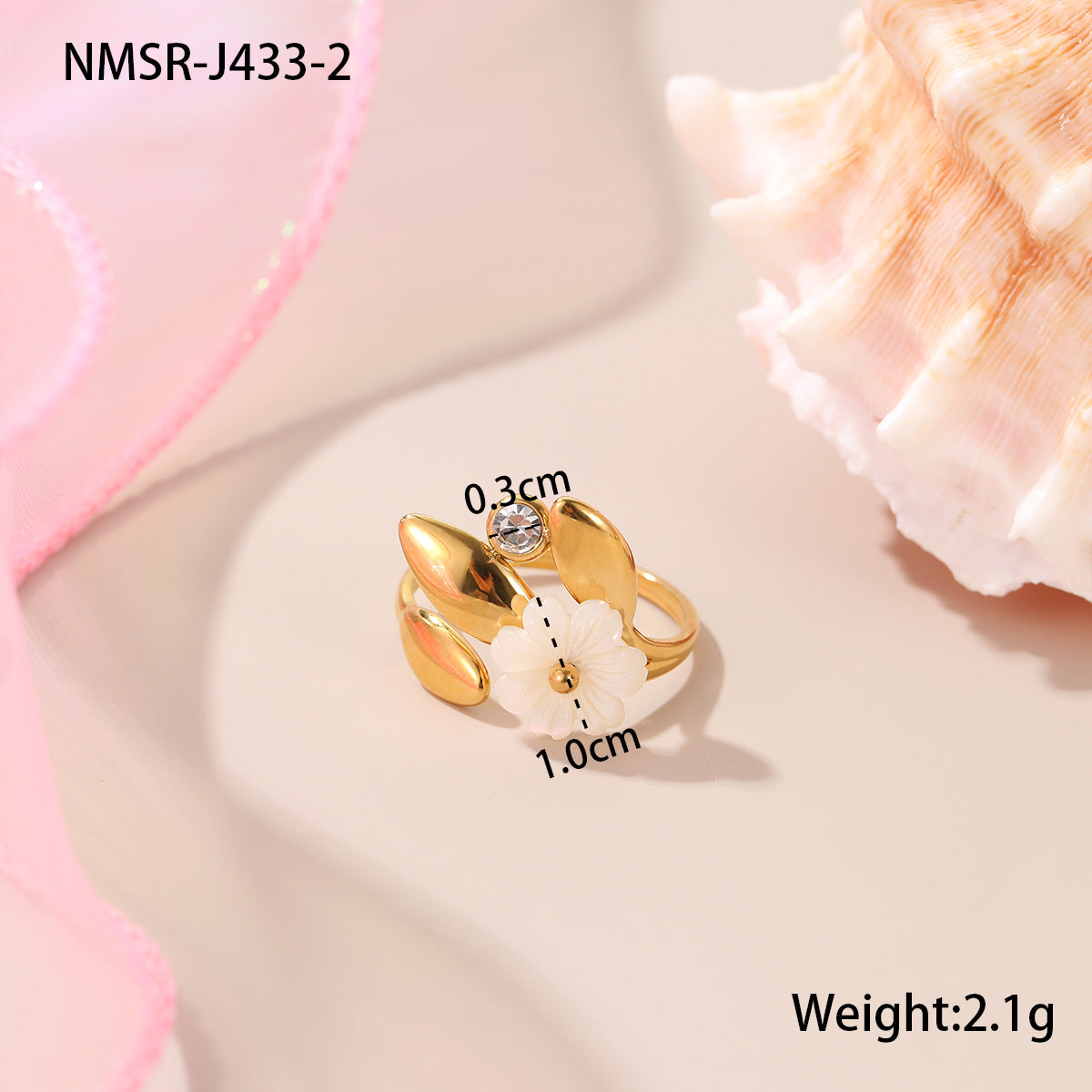 Elegante anello aperto da donna in acciaio inossidabile con perle e motivo floreale, placcato in oro 18 carati