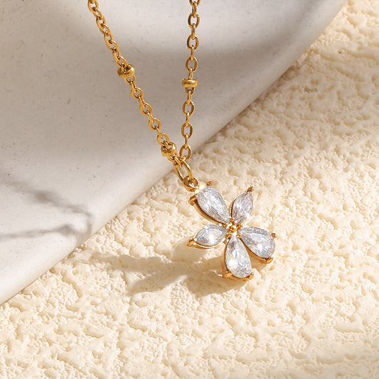 Elegant Luxury Floral Stainless Steel Plated Necklace with Cubic Zirconia Ball Chain for Women