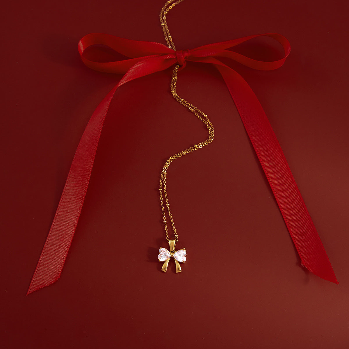 Minimalist Heart Bow Knot Cubic Zirconia Inlay Titanium Steel Necklace for Women