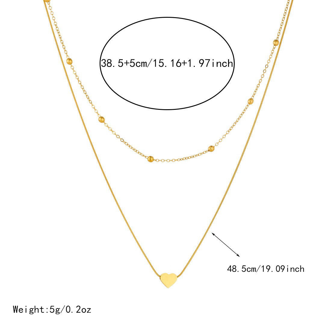 Minimalist Heart Gold Plated Stainless Steel Necklace with Beaded Double Layer Snake Chain for Women