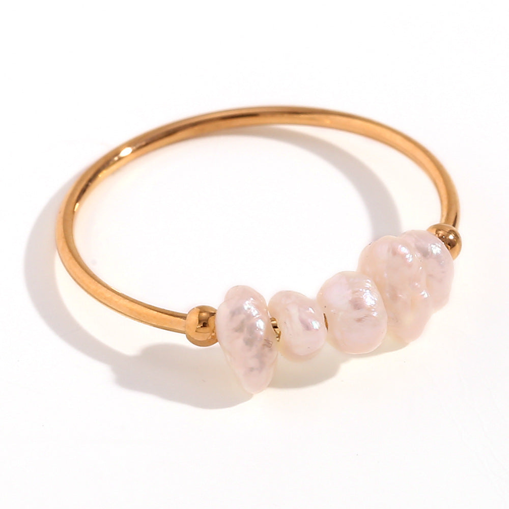 Minimalist Geometric Stainless Steel Plated 18K Gold Fine Freshwater Pearl Ring for Women