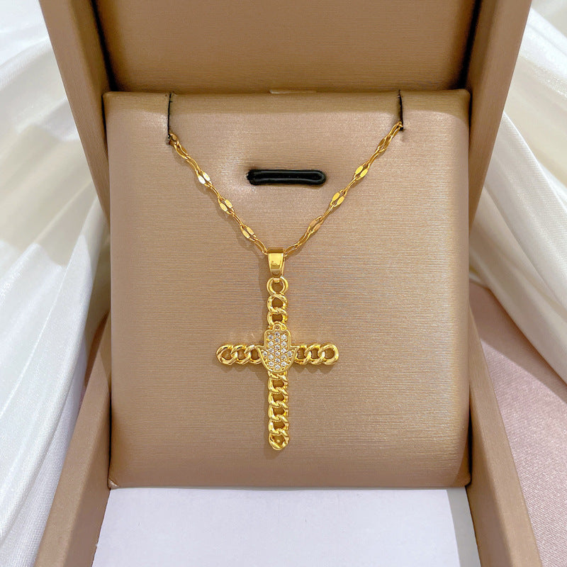 Collana Pendente a Croce Geometrica Esotica da Donna in Acciaio al Titanio con Intarsio di Zirconi e Placcatura in Oro