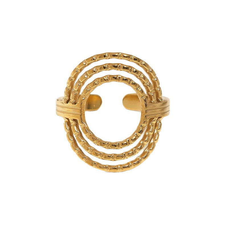 Elegant Minimalist Geometric Round Textured 18K Gold Plated Stainless Steel Open Ring for Women
