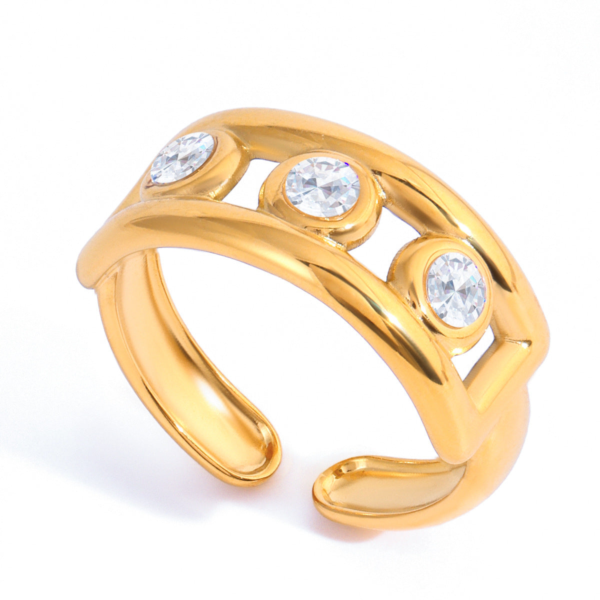 Anello geometrico in acciaio inossidabile da donna con accento in zircone e finitura PVD placcata oro sottovuoto