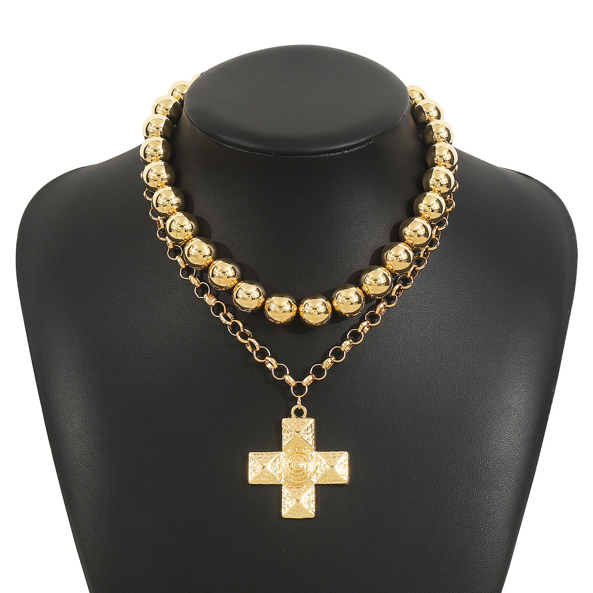 Collar minimalista con colgante de cruz, perla de imitación y cadena de aleación con acabado galvanizado para mujer