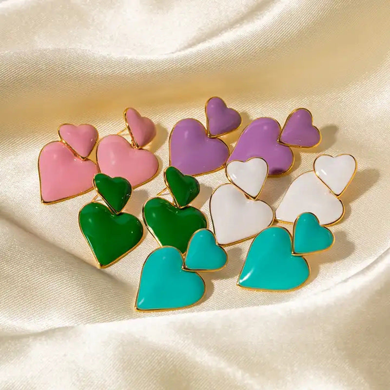 Minimalist 18K Gold Plated Heart Enamel Drop Earrings Stainless Steel Fashion Jewelry for Women
