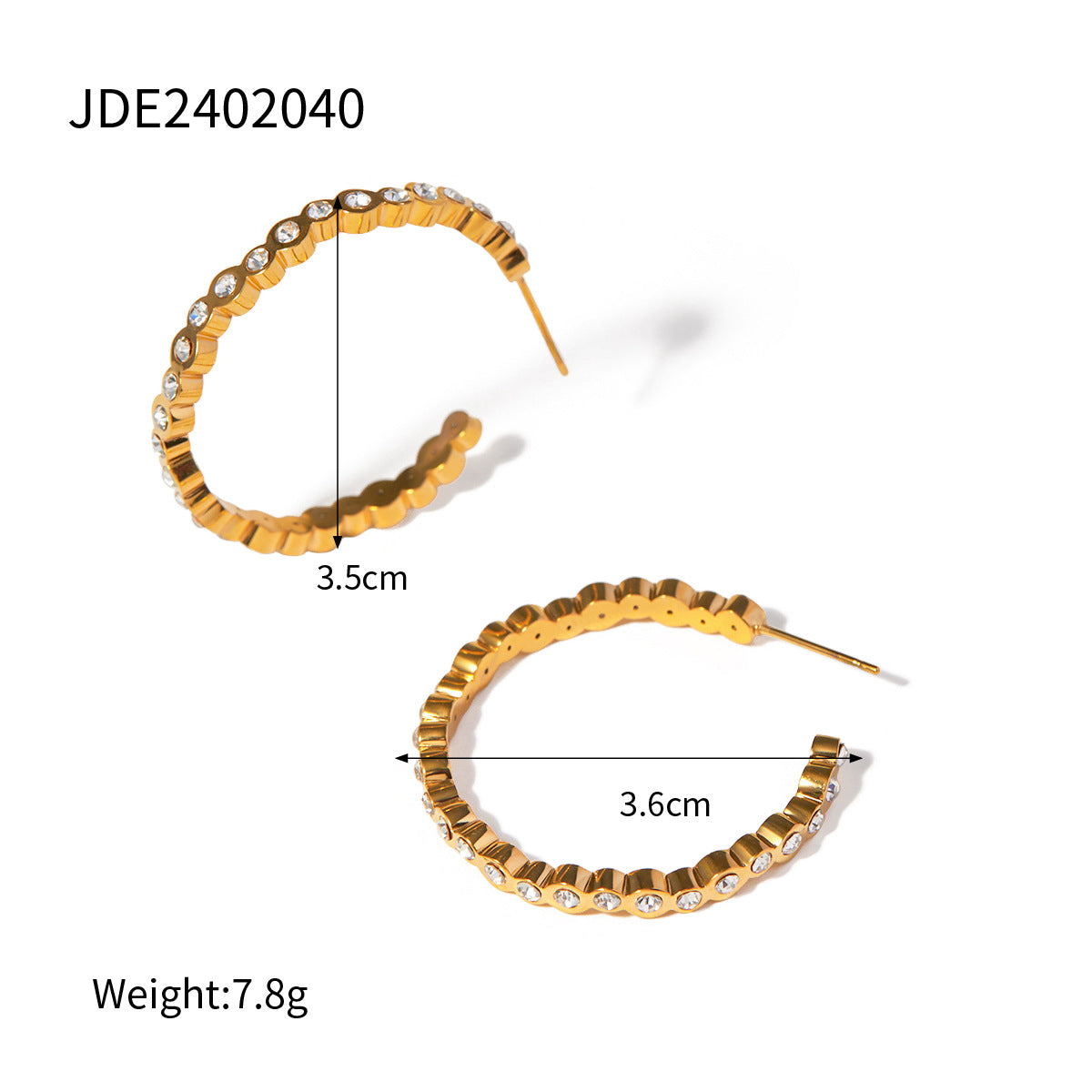 Minimalist Round Stainless Steel Hoop Earrings with 18K Gold Plating and Colorful Rhinestone Inlay