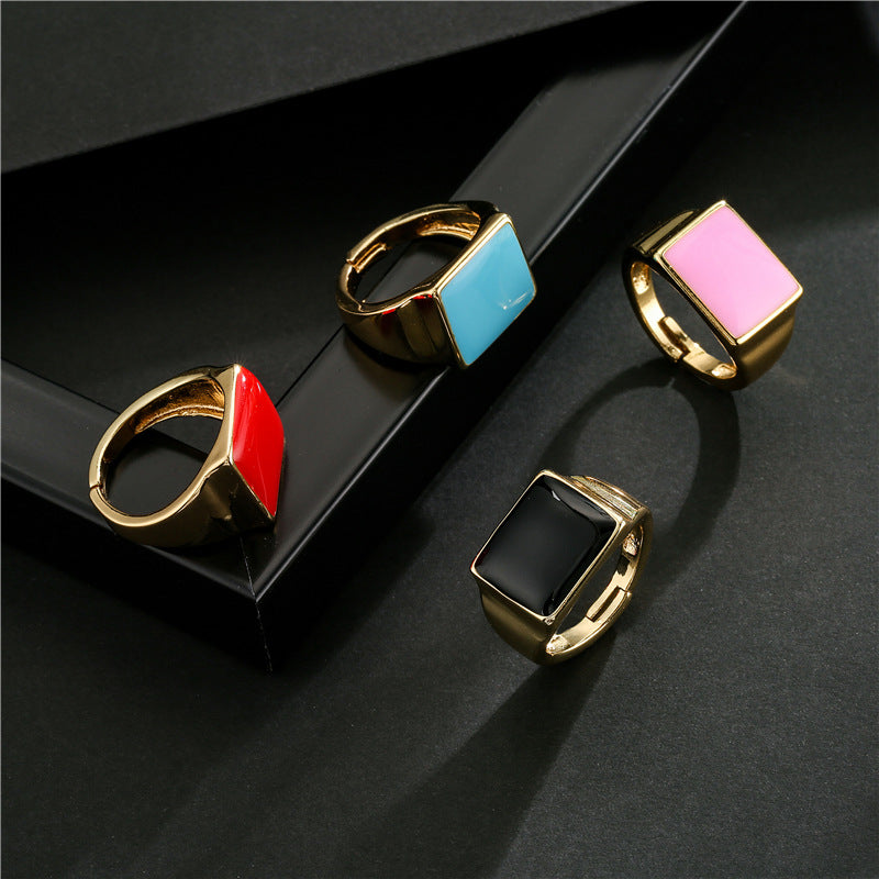 Geometric Square Gold Plated Drip Oil Brass Open Ring for Women