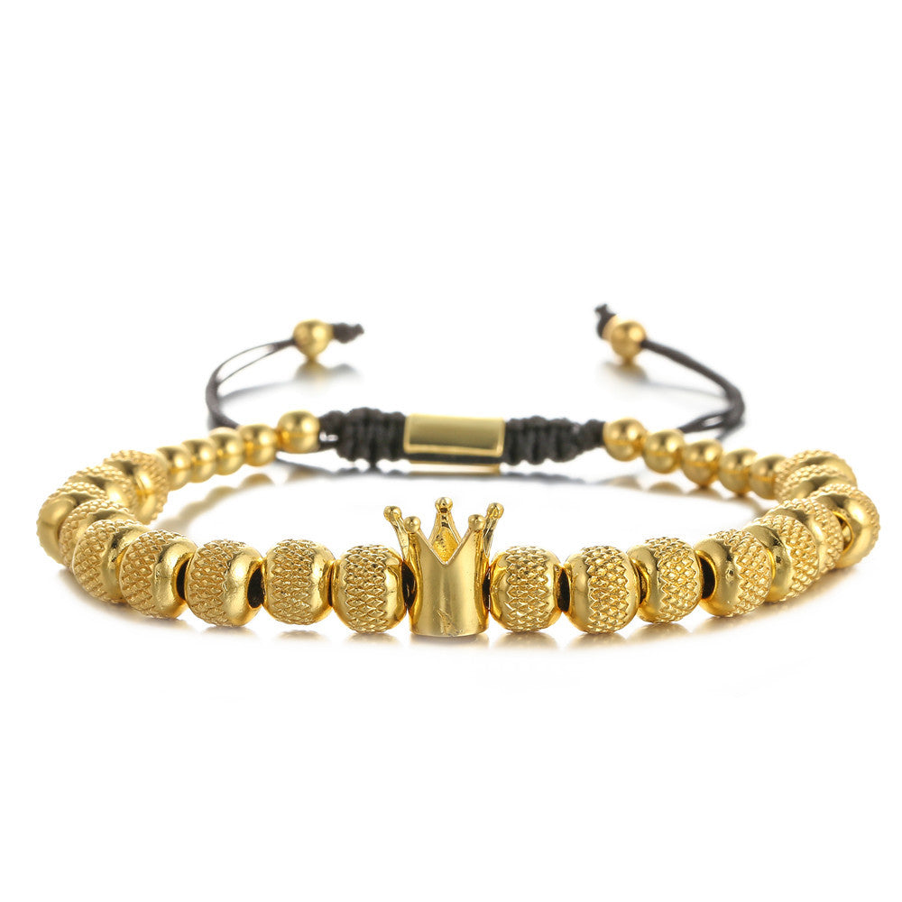 Vintage Geometric Crown Stainless Steel Brass Beaded Bracelet for Men and Women