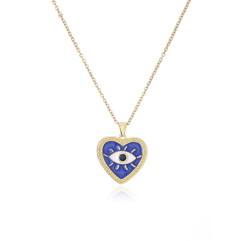 Fashion Heart Eye Geometric Drip Oil Gold Plated Brass Pendant Necklace for Women with Cable Chain