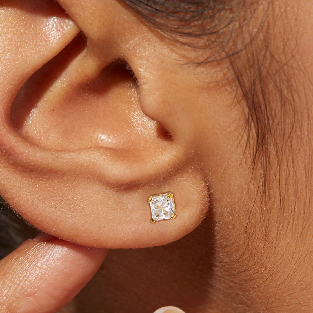 Minimalist 18K Gold Plated Stainless Steel Square Zircon Stud Earrings for Women
