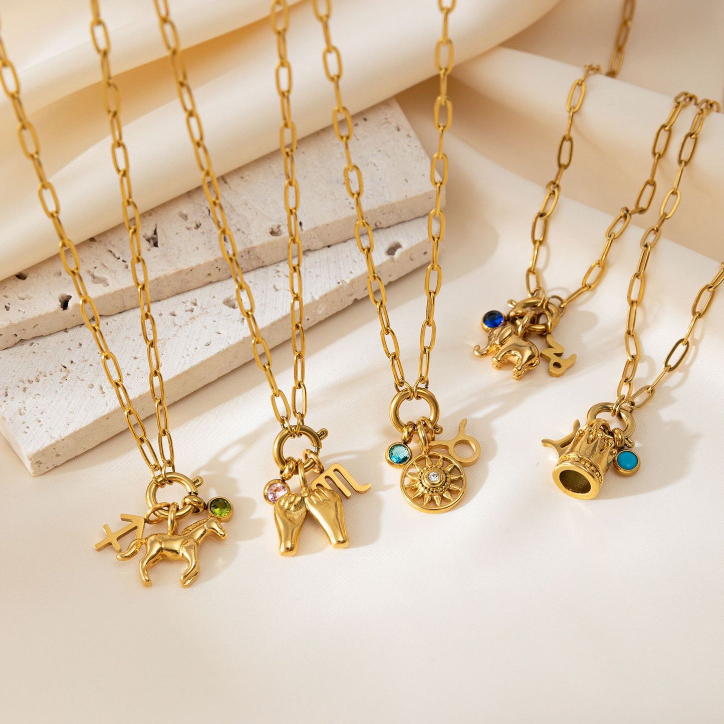 Minimalist Geometric Animal Stainless Steel 18K Gold Plated PVD Cubic Zirconia Charm Bar Necklace