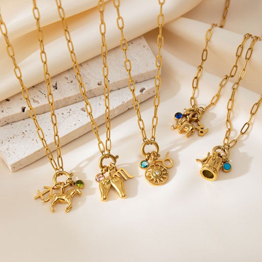 Minimalist Geometric Animal Stainless Steel 18K Gold Plated PVD Cubic Zirconia Charm Bar Necklace