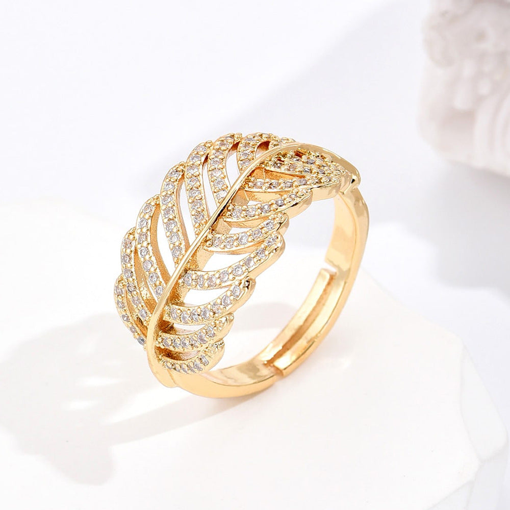 Geometric Leaf-Shaped Open Ring for Women Made of Brass with Real Gold Plating and Micro-Paved Zirconia