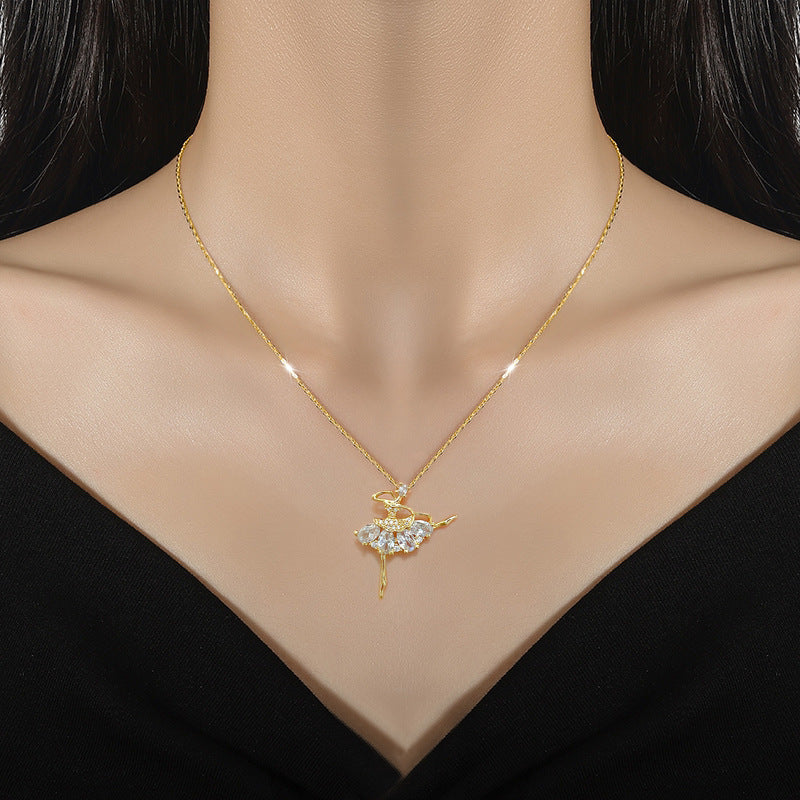 Elegant Ballet Dancer Pendant Necklace for Women with Rhinestone Accents on Titanium Steel Chain, Geometric Design, Minimalist and Sweet Style