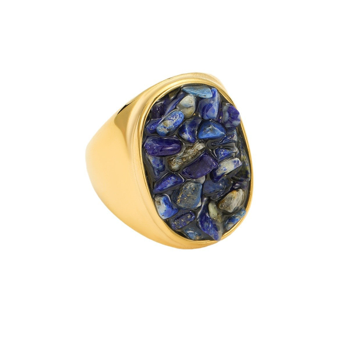 Anillo de Acero Inoxidable Geométrico Minimalista Vintage con Incrustaciones de Piedra Natural Bañado para Mujer