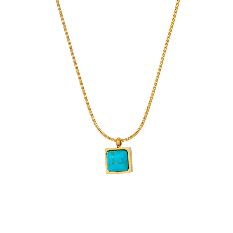 Vintage Minimalist Square Turquoise Pendant Necklace in Titanium Steel with Plated Finish and Standard Chain