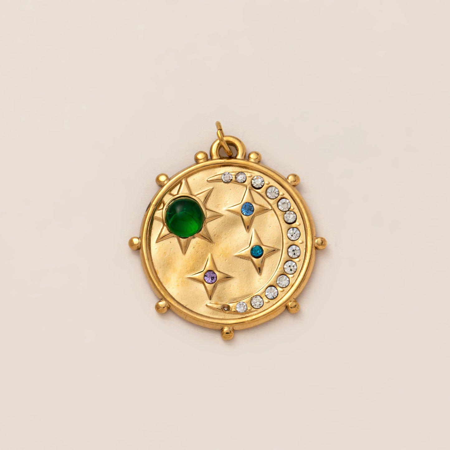 Vintage PVD 18K Gold Plated Stainless Steel Geometric Moon Sun Pendant Cable Chain Necklace Charm Bar