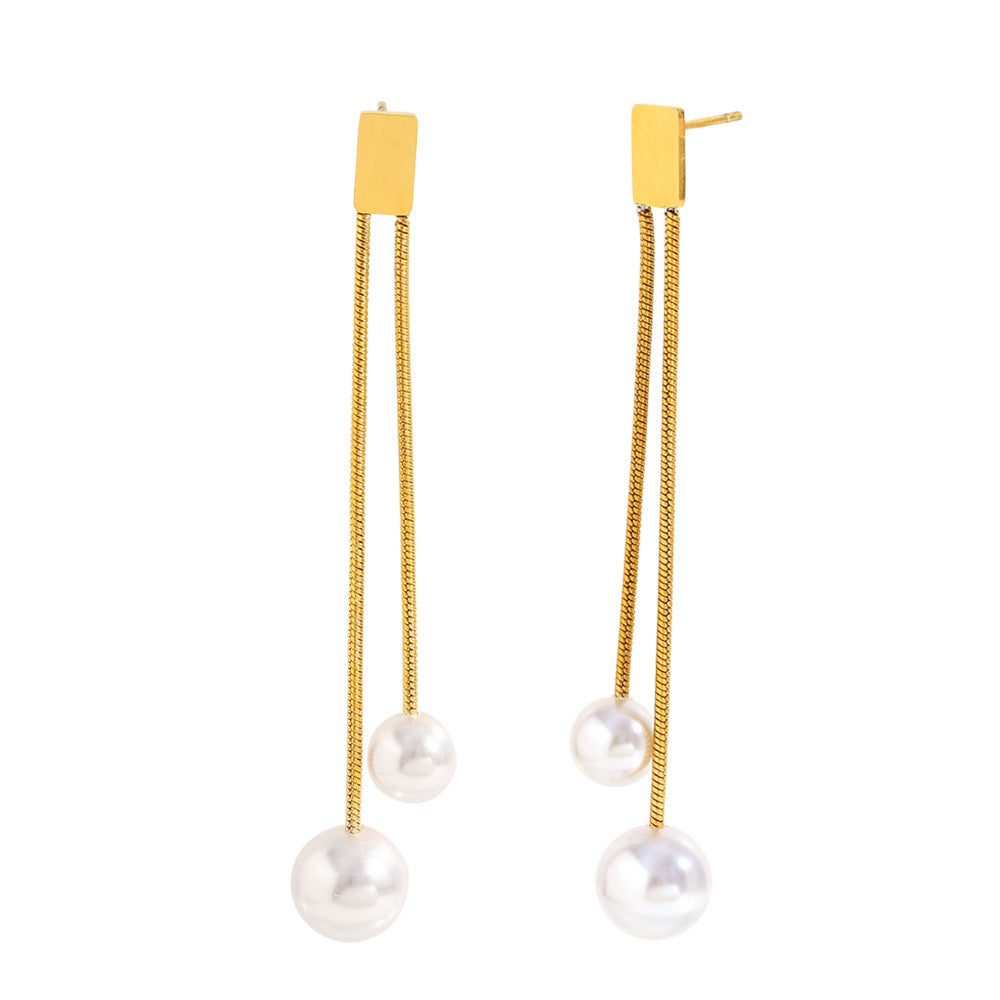 Geometric Vintage-Style Stainless Steel Earrings with 18K Gold Plating and Pearl-Like Dangle for Women