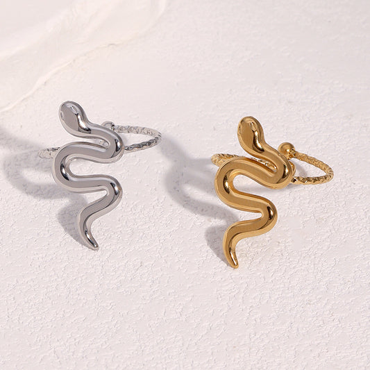 Anillo abierto minimalista de acero inoxidable con forma de serpiente y baño de oro de 18 quilates para mujer