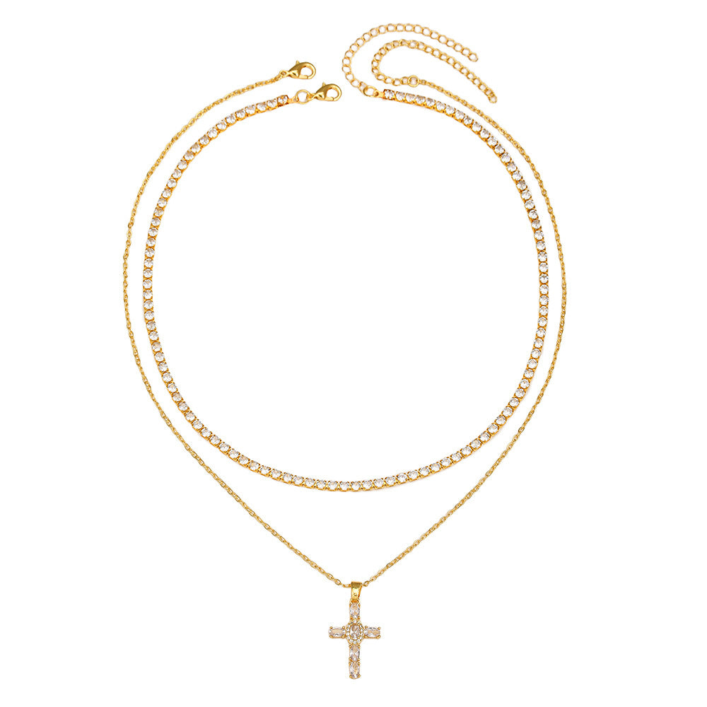 Hip-hop Sweet Geometric Cross Cubic Zirconia Brass Pendant Necklace with Box Chain