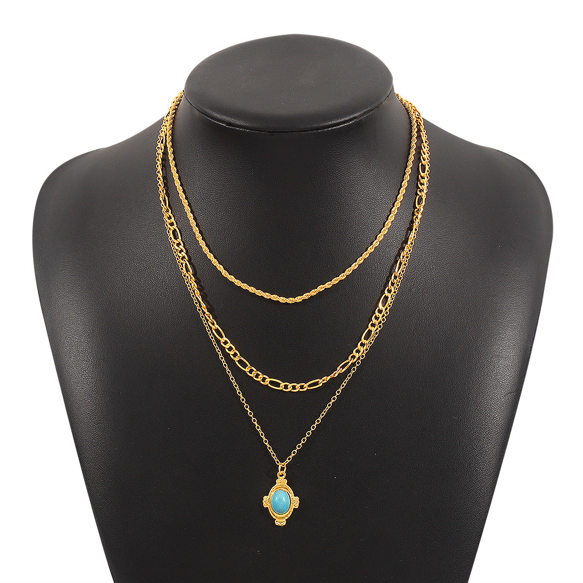 Collar colgante geométrico vintage de estilo francés para mujer con incrustaciones de turquesa y base de aleación, acabado galvanizado