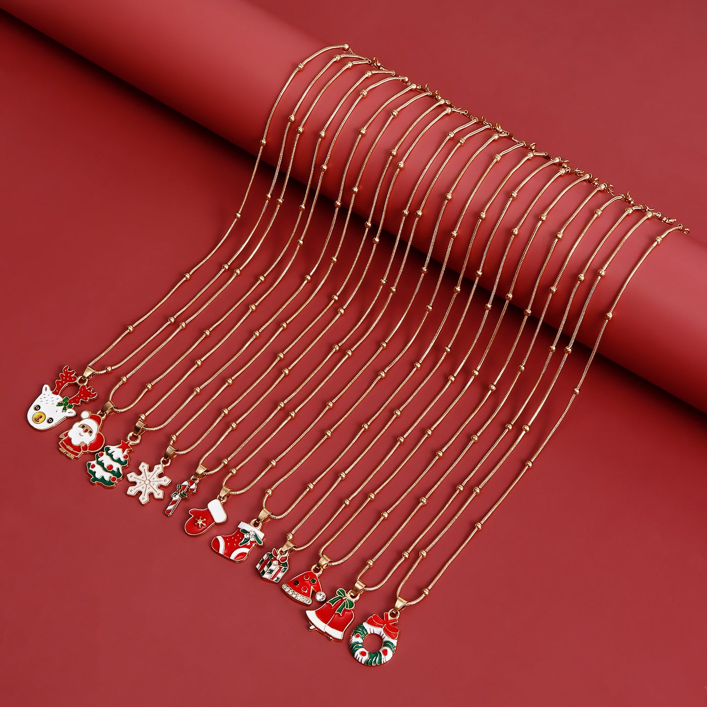 Vintage Christmas Necklace for Women with Geometric Pendant, Electroplated Metal Choker Chain, Santa and Snowflake Enamel Design