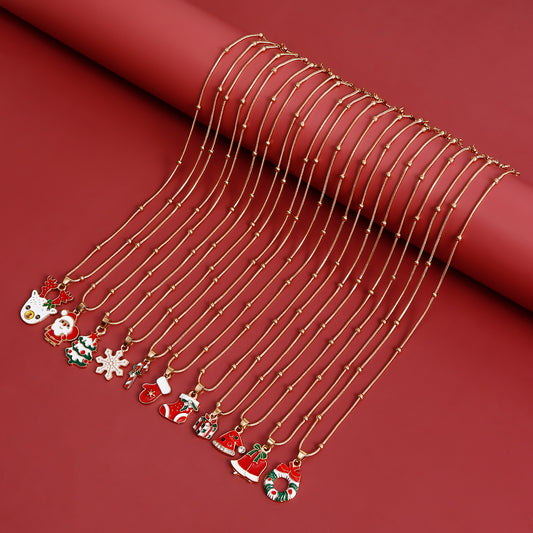 Collana natalizia vintage da donna con ciondolo geometrico, girocollo in metallo galvanizzato, design smaltato con Babbo Natale e fiocco di neve