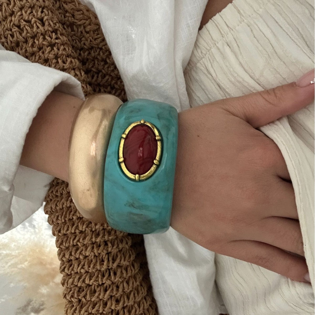 Bohemian Ethnic Round Oval Geometric Rhinestone Turquoise Inlay Plated Resin Bracelet