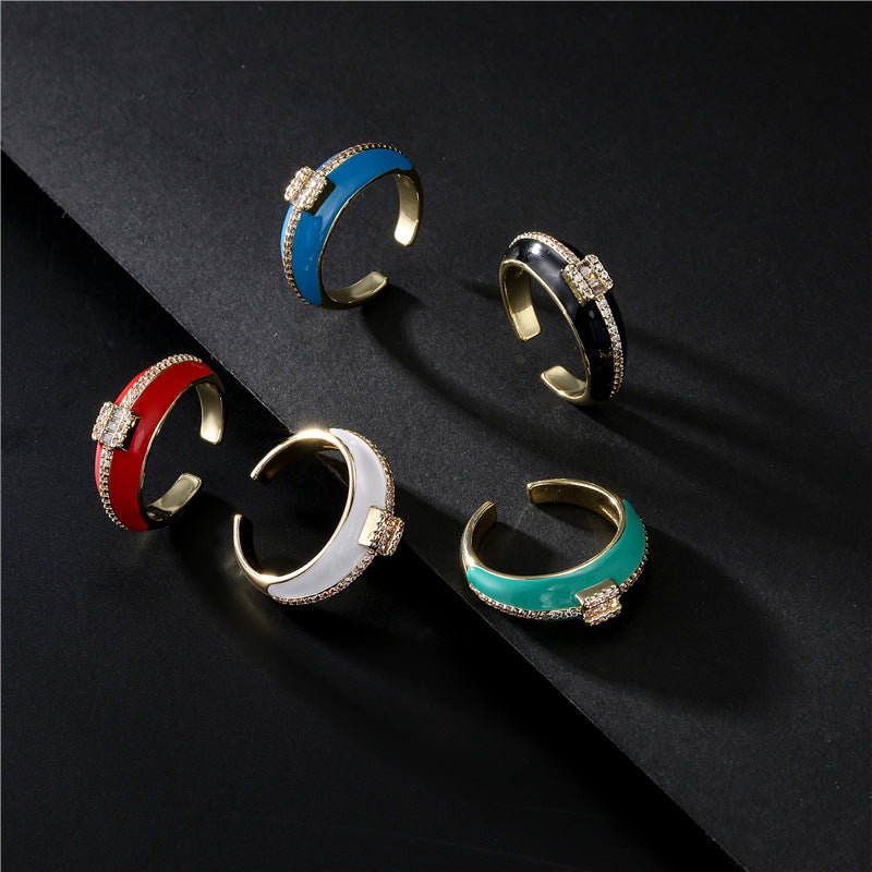 Geometric Micro-inlay Cubic Zirconia Brass Drip Oil Plated 18K Gold Open Ring for Women