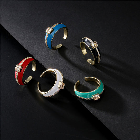 Geometric Micro-inlay Cubic Zirconia Brass Drip Oil Plated 18K Gold Open Ring for Women