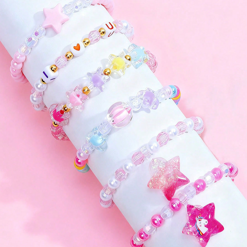 Bracciale in resina per bambine dai 3 ai 10 anni, stile cartone animato, a forma di cuore, stella e farfalla, con ciondolo a unicorno