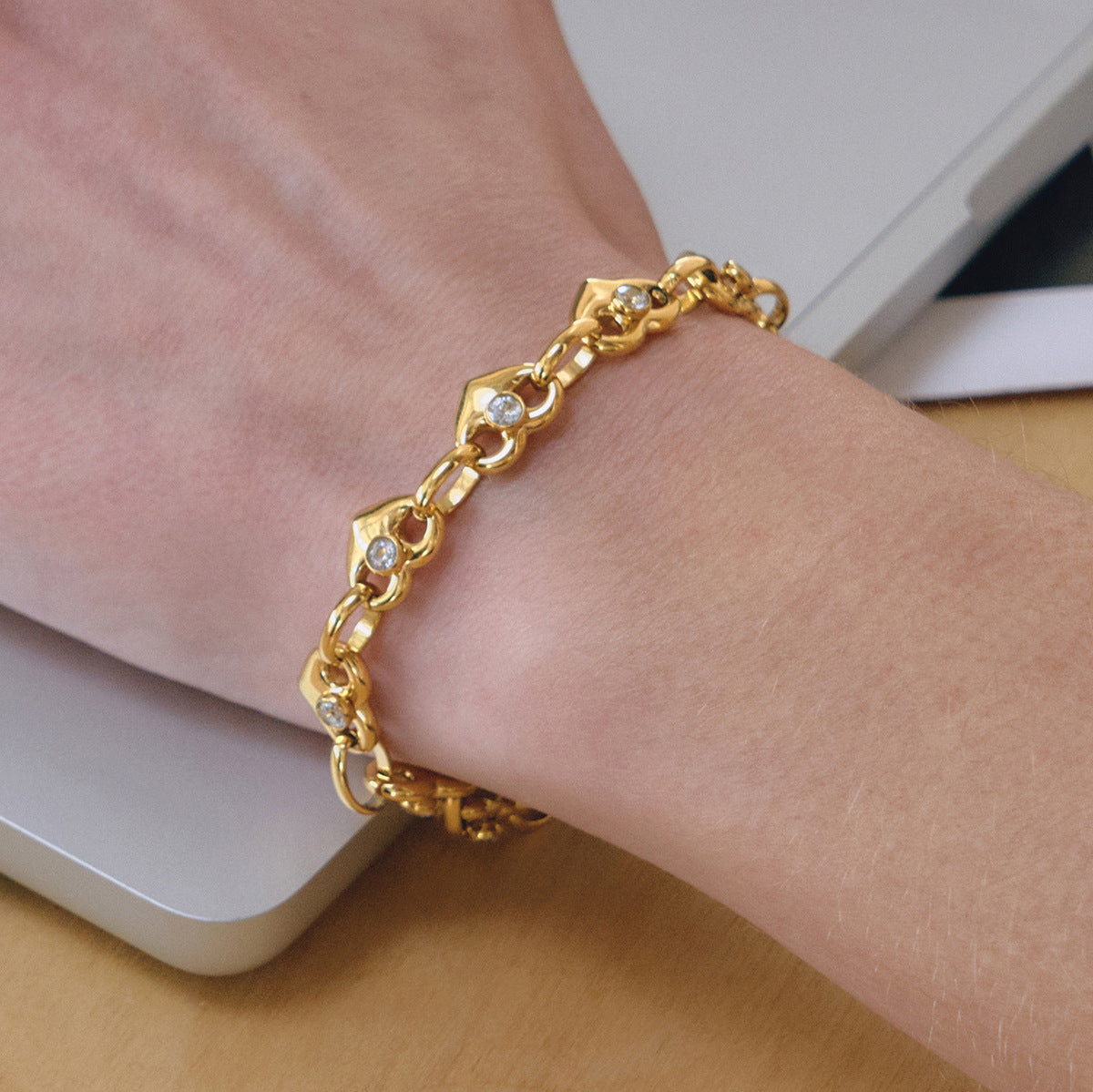 Minimalist Luxury Gold Plated Titanium Steel Heart Geometric Bracelet with Cubic Zirconia for Women