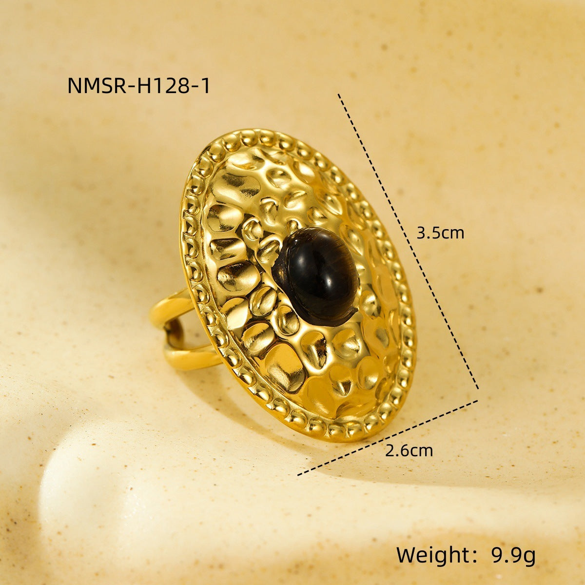 Elegante anillo de acero inoxidable ovalado arrugado estilo vintage francés con incrustaciones de piedra natural para mujer