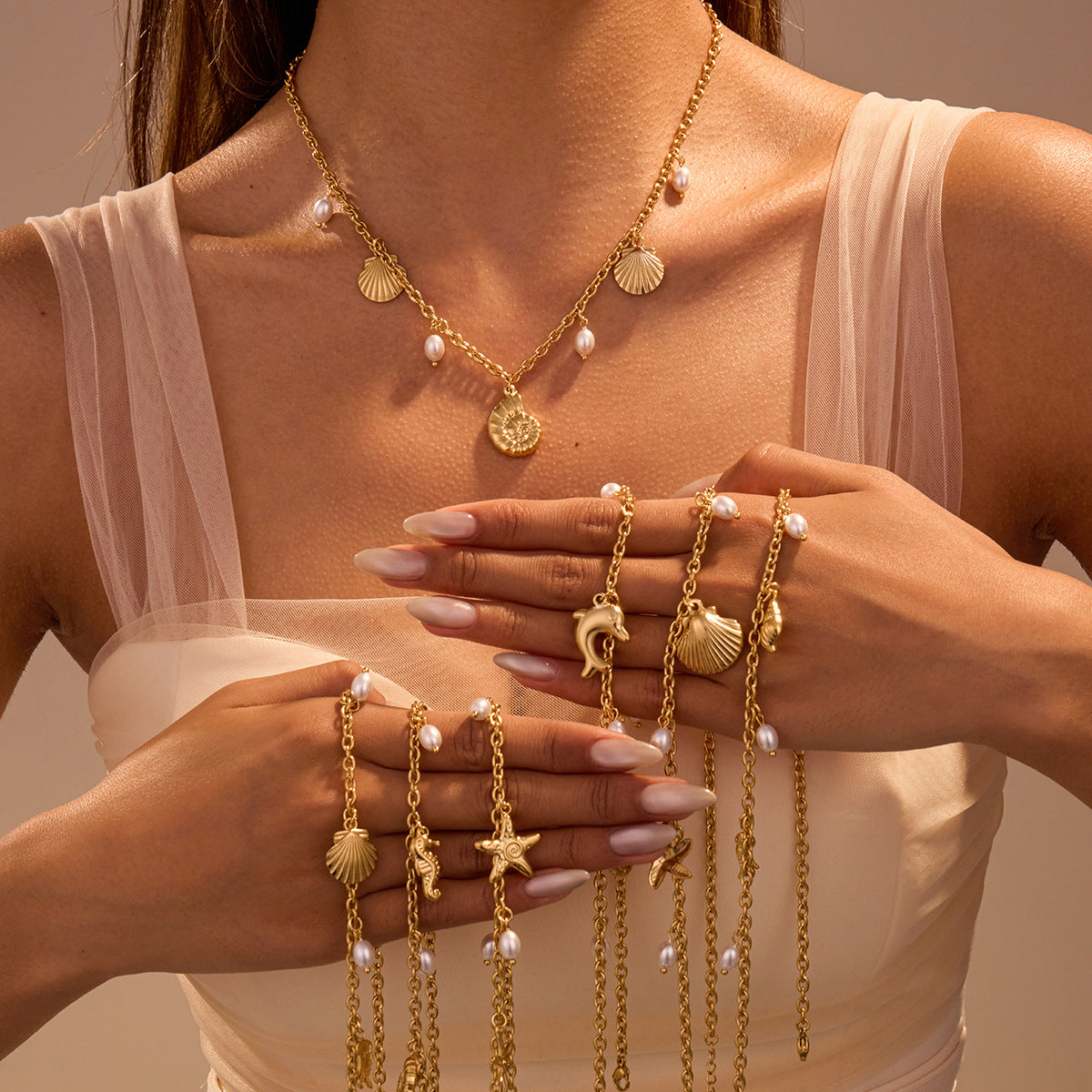 Collar de Acero Inoxidable con Diseño Geométrico de Concha y Estrella de Mar, Chapado, de Moda para Mujer