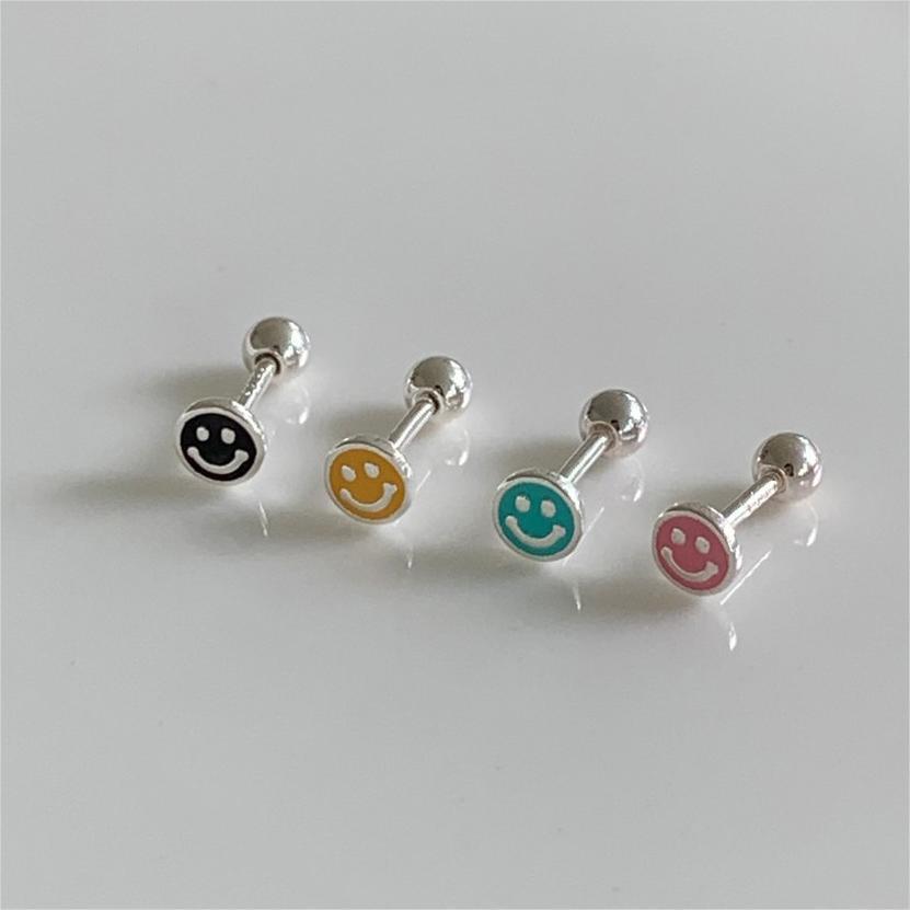 Pendientes de Plata de Ley 925 con Forma de Corazón Minimalista y Cara Sonriente Recubiertos de Resina para Mujer