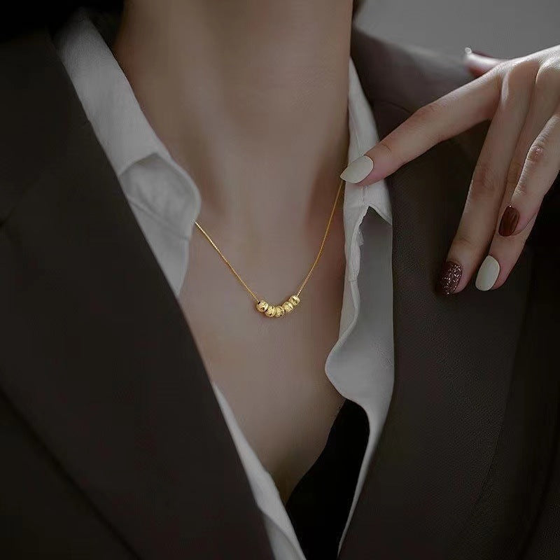 Minimalist Geometric Titanium Steel Box Chain Necklace with Gold-Plated Beads and Round Pendant