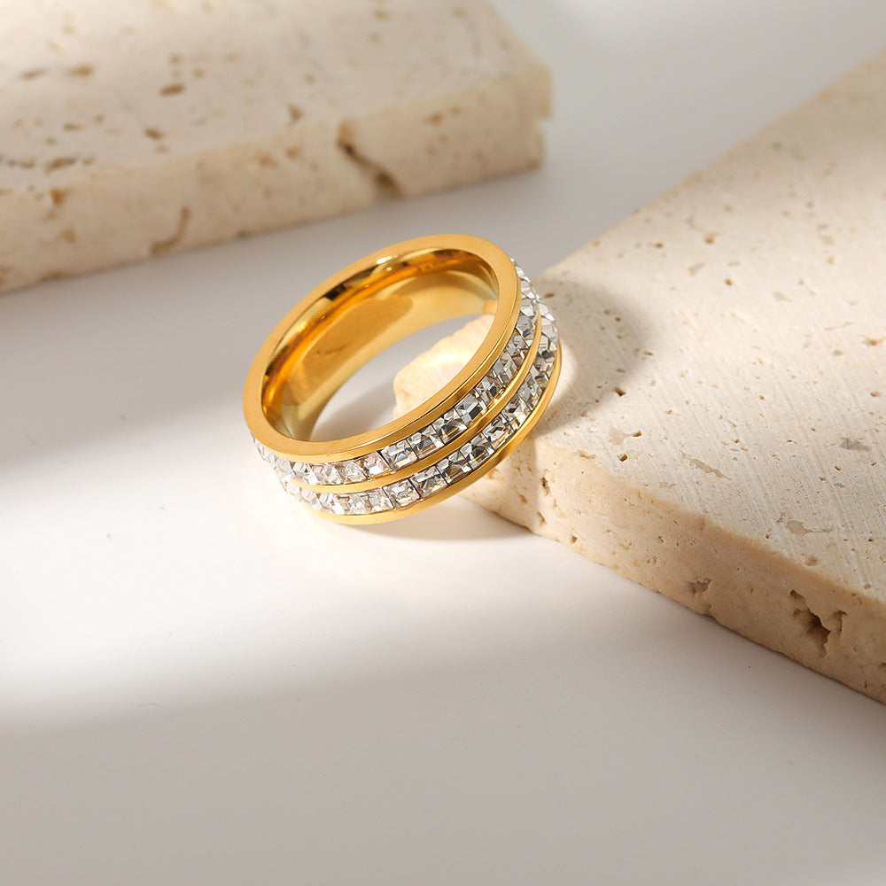 INS Style Geometric Titanium Steel Ring with 18K Vacuum Plated Finish and Double-Layer Round Zirconia Inlay for Women