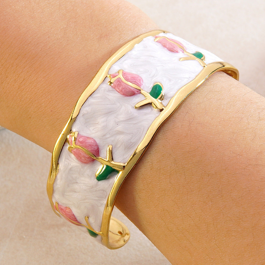 Elegant Stainless Steel Drip Oil Enamel Tulip Cuff Bracelet for Women