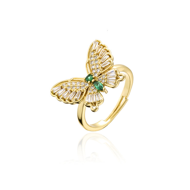 INS Style Geometric Butterfly Ring in Copper with Micro-Paved Cubic Zirconia and 18K Gold Plating