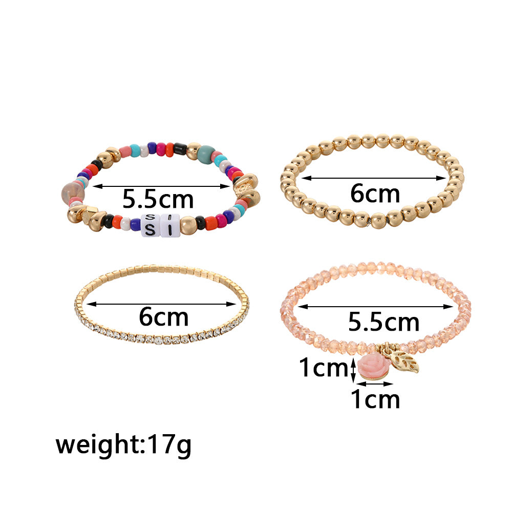 Minimalist Colorful Glass Bead Letter Dice and Rose Elastic Bracelet Set