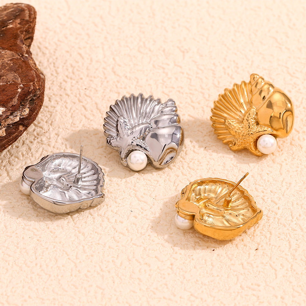 Fashionable Minimalist Geometric Stainless Steel Ear Studs with 18K Gold Plating Featuring Ocean Life Motifs for Women
